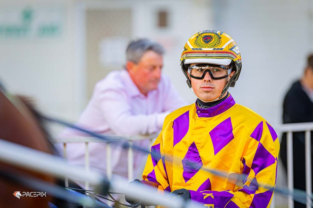 Jack Callaghan driving in the JP Prentice silks at Gloucester Park